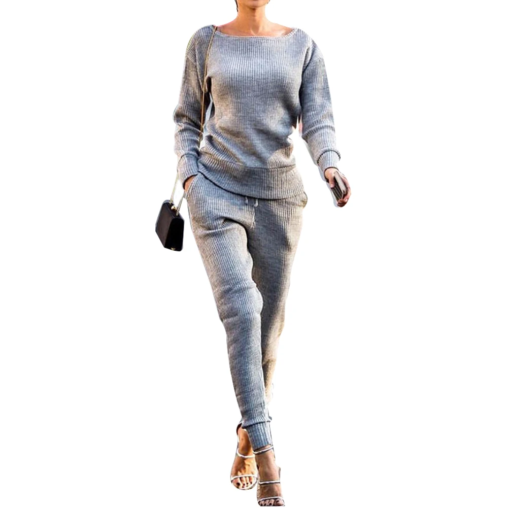 Хит 2 шт. спортивные женские костюмы однотонные с длинным рукавом вязаный джемпер