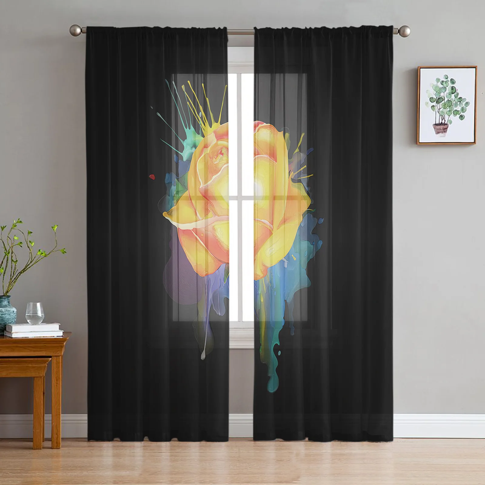 

Simple Tulle Curtains Rose Paint Oil Painting Villa Living Room Adult Bedroom Study Gauze Fabric Balcony Decor Chiffon Curtains