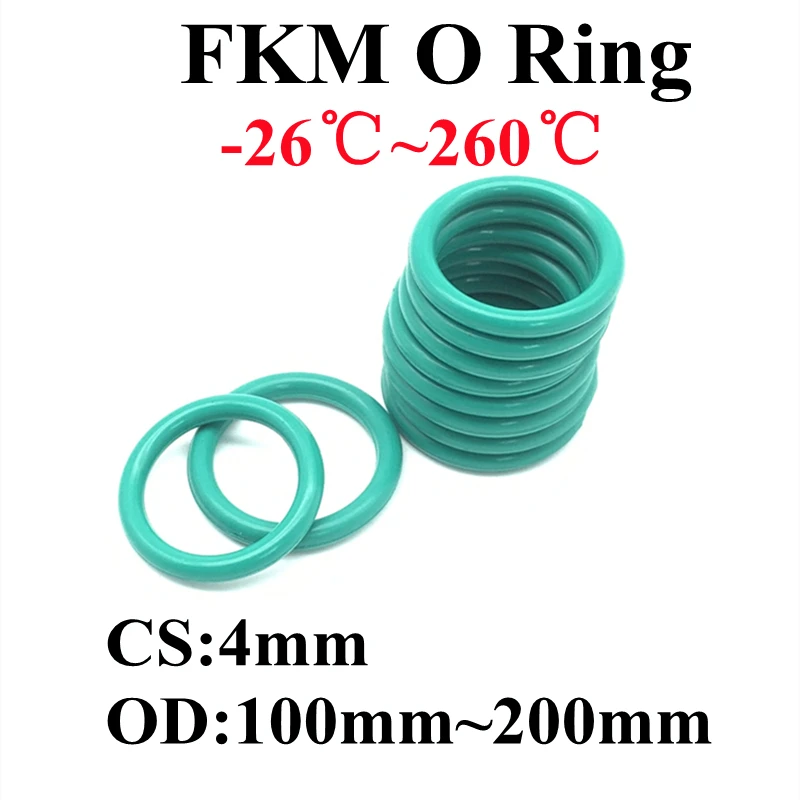 

2pcs Green FKM Fluorine Rubber O Ring CS 4mm OD 100mm ~ 200mm Sealing Gasket Insulation Oil High Temperature Resistance Green