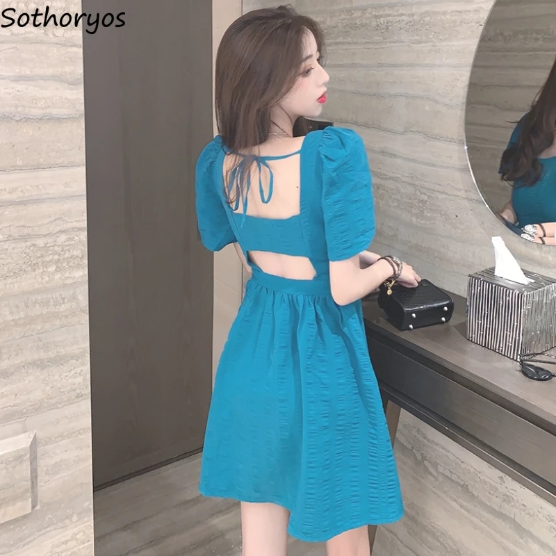 

Puff Short Sleeve Dress Women Backless Sexy Square Collar Summer Design Mini Dresses A-line French Style Femme Elegant Vestidos