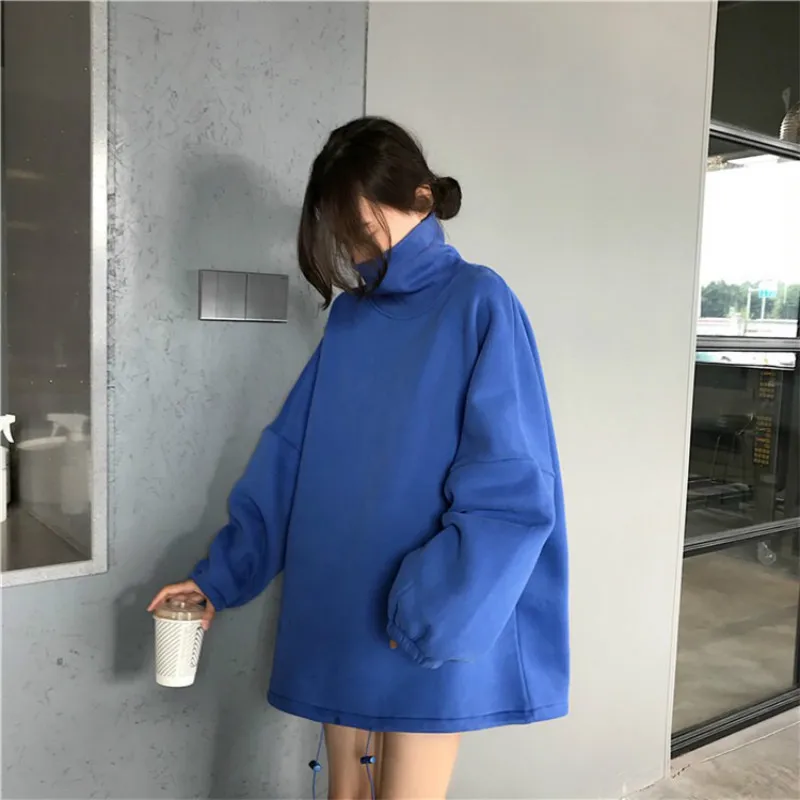 Толстовки женские водолазки в Корейском стиле хип-хоп однотонные Harajuku женские универсальные плюс бархат теплые на зиму мягкие толстовки милые