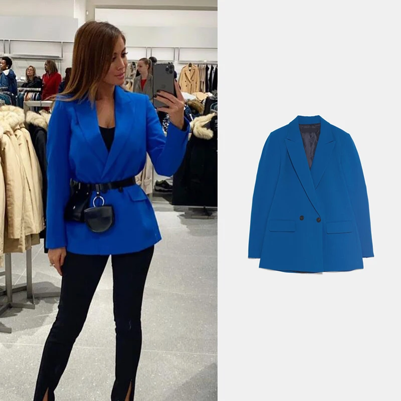 Женский двубортный пиджак ZA повседневный свободный однотонный с отложным