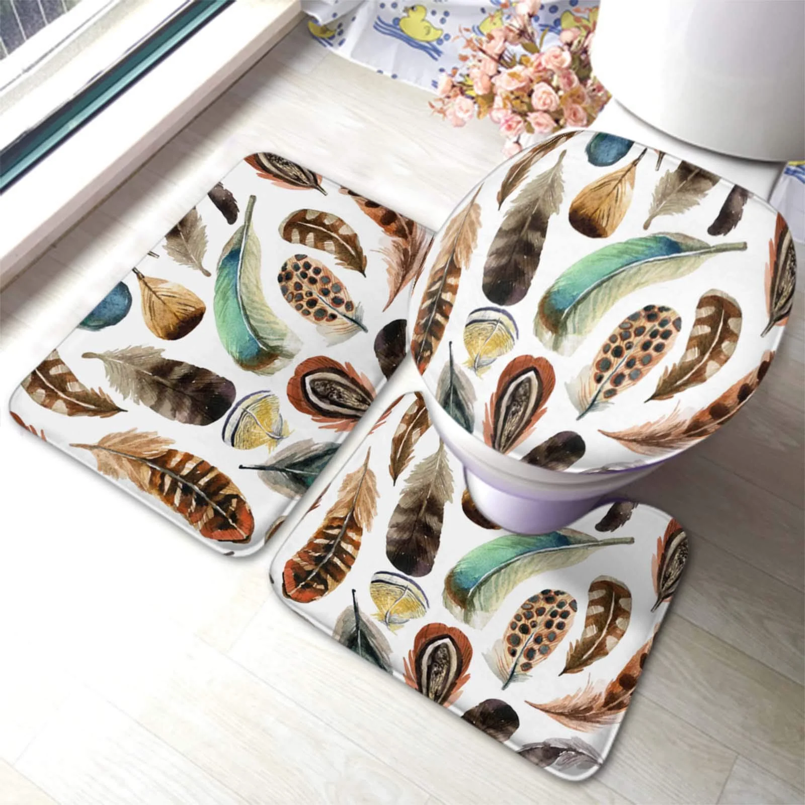 

Набор ковриков для ванной комнаты с перьями, 3 шт., цветной фон, коврик для ванной, U-образный контурный ковер, напольный коврик и крышка для ун...