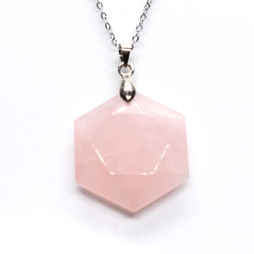 

Trendy-beads Popular Silver Plated Natural Rose Pink Quartz Hexagon Section Lucky Star Pendant For Female Gift