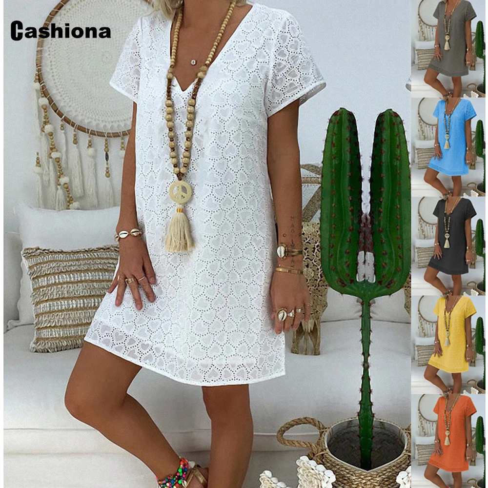 

Cashiona Ladies Elegant Lace Short Mini Dress 2021 Summer V-neck Beach Dresses Plus size 3xl Women Solid Casual Loose Dress