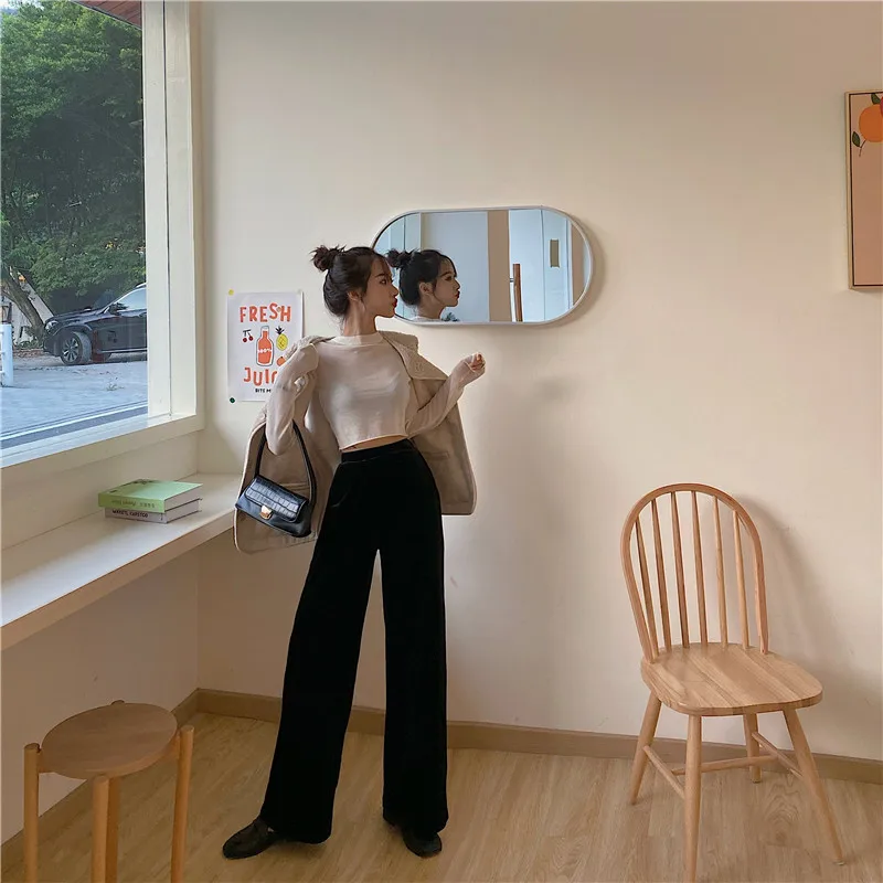 KINOMI зимние Бархатные женские широкие брюки кофейного цвета с высокой талией в