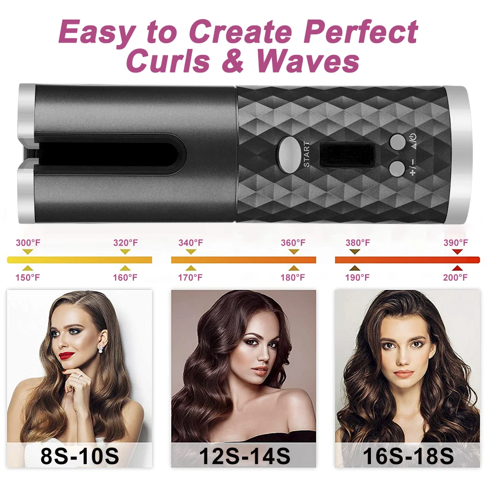 

Cordless Automatic Hair Curler USB Rechargeable Curling Iron Curls Waves LCD Display Ceramic Curly Rotating Curling Wave Styer