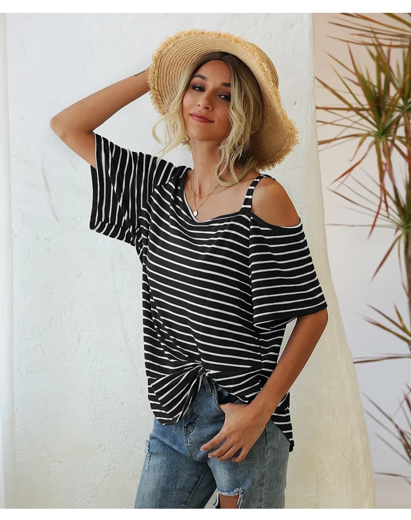 

Summer 2021 Short-sleeved T-shirt Diagonally Wide Striped Short-sleeved T-shirt Diagonal Collar Wide Striped Knotted T-shirt New