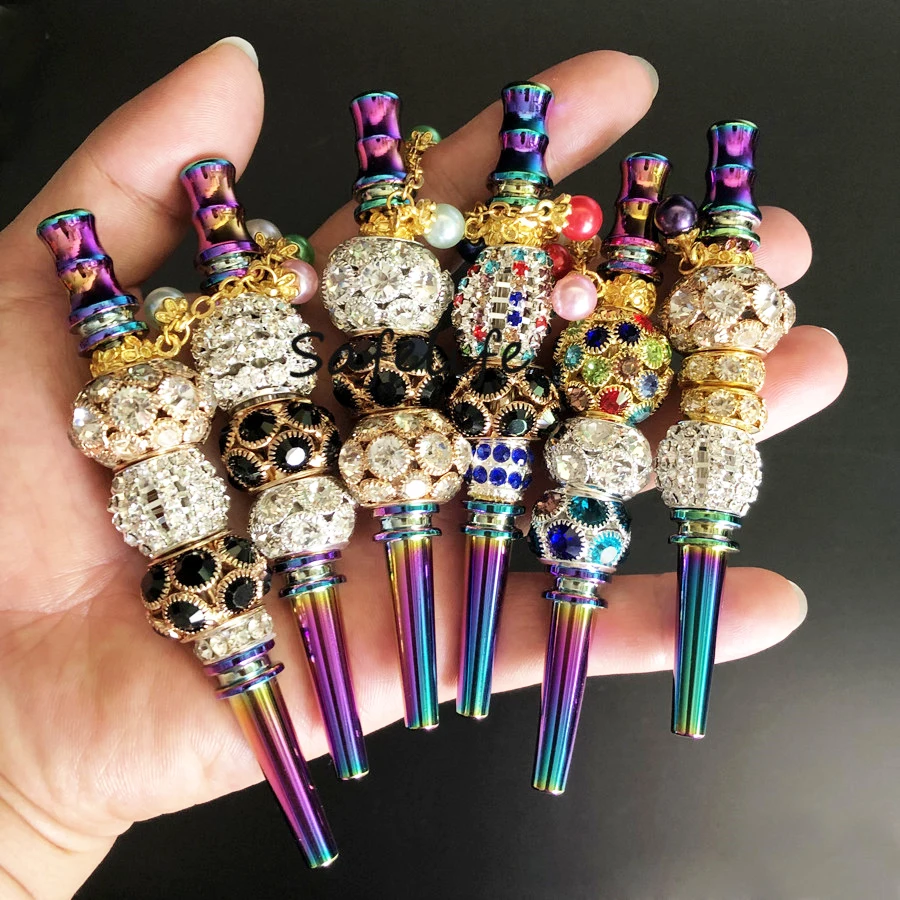 

wholesale Zinc alloy Rainbow rod hookah tips blunt holder with rhinestones smoking pipe 6 style hookah mouthpiece for women