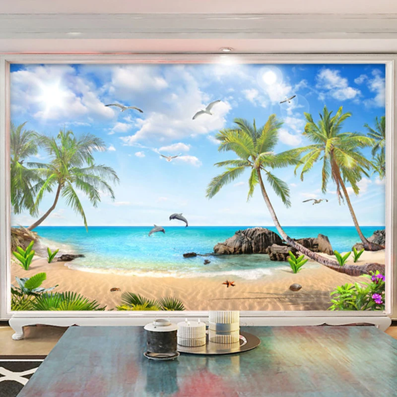 Пользовательские 3D фотообои пляж морской пейзаж Кокосовая настенная живопись