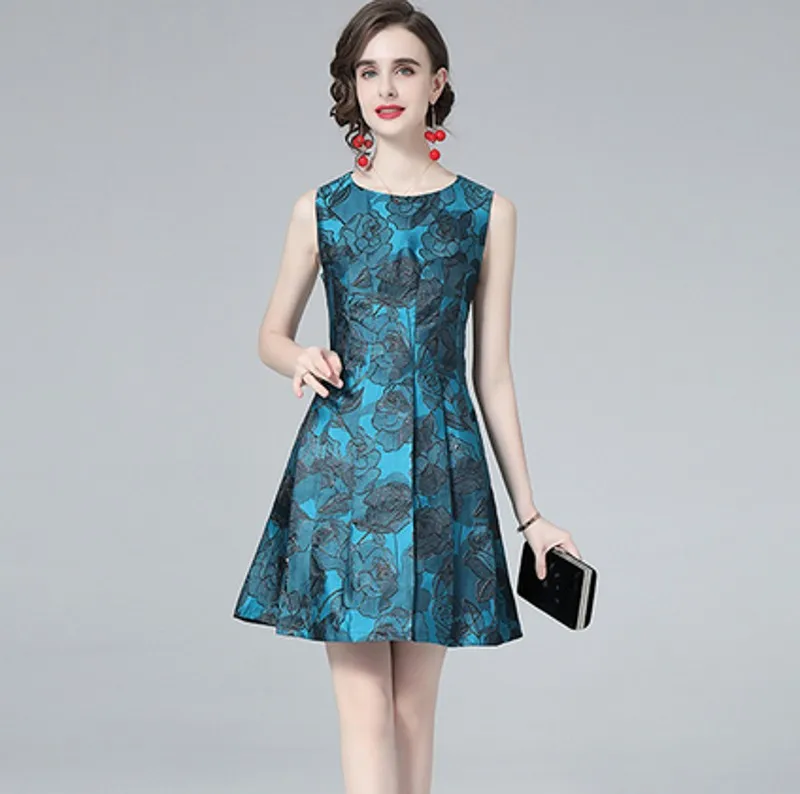

Autumn winter Sleeveless Jacquard Dress Work Casual Slim O-neck Printing Dresses Women A-line Vintage Vestidos