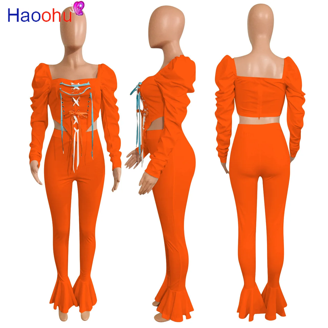 

HAOOHU Women's Sets Tracksuit Lace Up Drawstring Suqare Collar Puff Sleeve Top and Flare Bell Bottom Pant Suits Two Pieces Sets