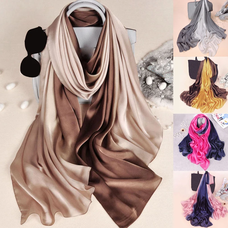 

1pcs women's gradient color silk scarf new silk satin high-grade transition color sun protection shawl training dance silk scarf