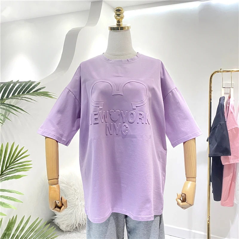 

Women's Mid-Length round Neck Loose Pullover plus Cartoon Concave-Convex Three-Dimensional Embossed Mickey Half-Sleeve Top