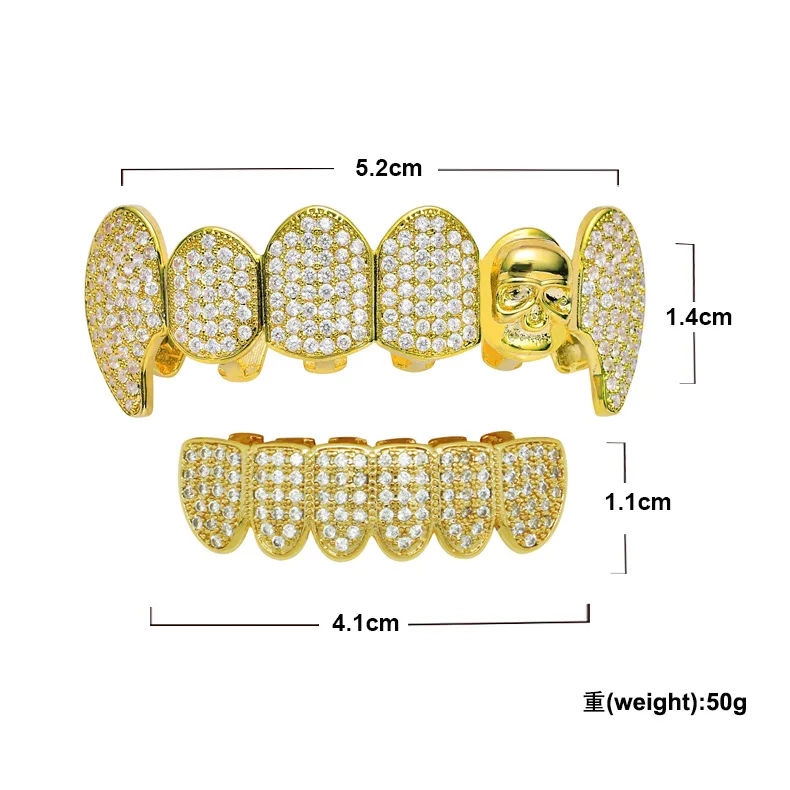 

Men Teeth Grillz Hip Hop Gold Teeth Top Bottom Micro Pave CZ Stone Vampire Teeth Set Cosplay Party Body Jewelry Women Gift