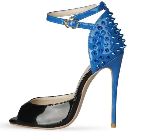 

Moraima Snc 12CM Rivets Studded High Heel Shoes Sexy PeeP Toe Ankle Strap Women Pumps Mixed Colors Gladiator Sandals