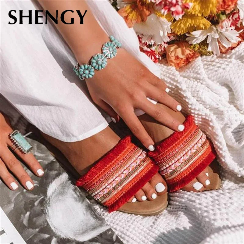 2019 Summer Women Flat Slippers New Openwork Woven Fabric Mixed Colors Sandals Rome Retro Casual Shoes Female Outdoor Home | Обувь