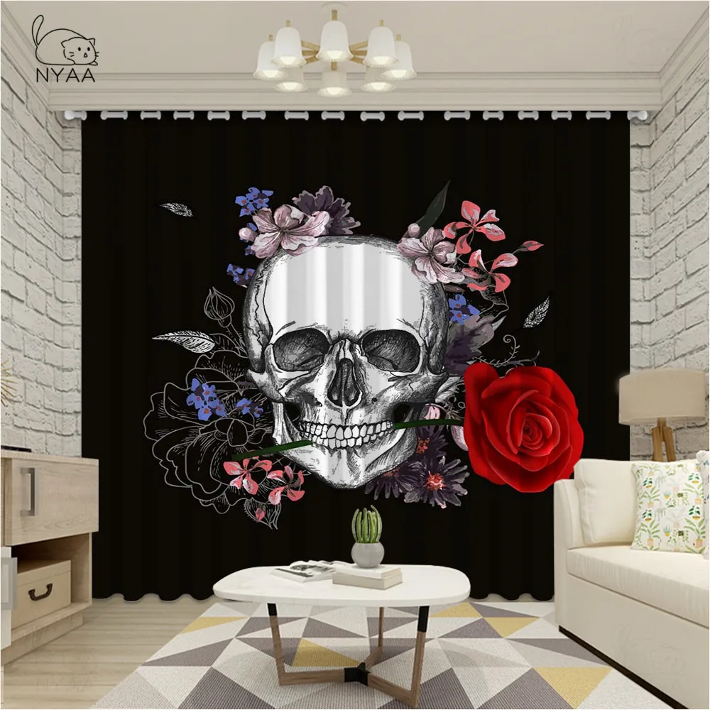 

Mystery Skull Art Curtain For Living Room Red Roses Floral Blackout Window Curtain Gothic Retro Drapes Micro Shading