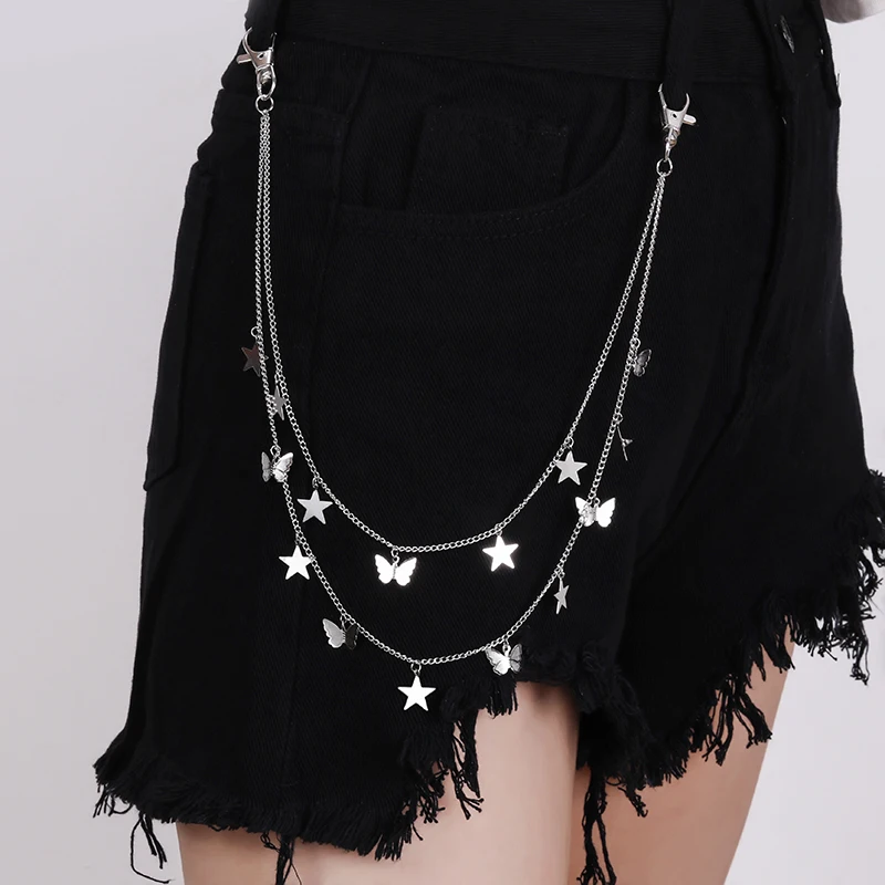 

Punk Street Animal Butterfly Stars Belt Waist Chain for Women Silver Color Double Layer Key Chain Party Jewelry Gifts