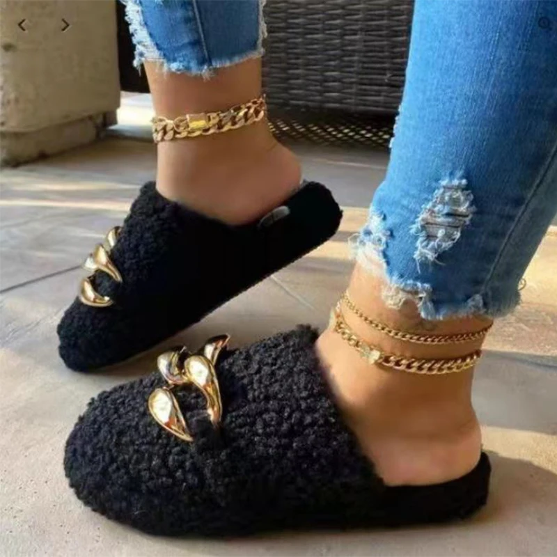 

Fashion Women Home Furry Slippers Flat Cotton Shoes Female Casual Breathable with Metal Chain Indoor Slippers for Woman 2021