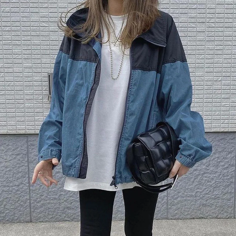 

Letter Color Block Zipper Long Sleeve Loose Mid-Length Patchwork Casual Office Lady Simple Zipper Women's Jacket