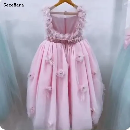 Pink Tutu Girls Dresses Flowers Pearls Sheer Neck Backless Princess Birthday Party Dress Kids Clothes