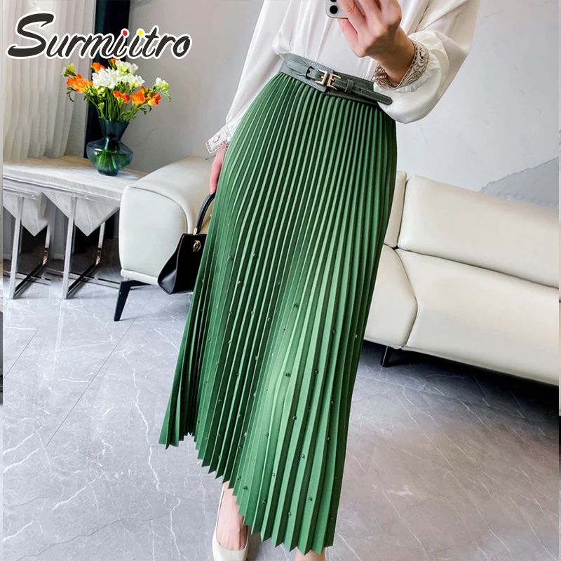 Женская атласная юбка SURMIITRO длинная Плиссированная средней длины с высокой