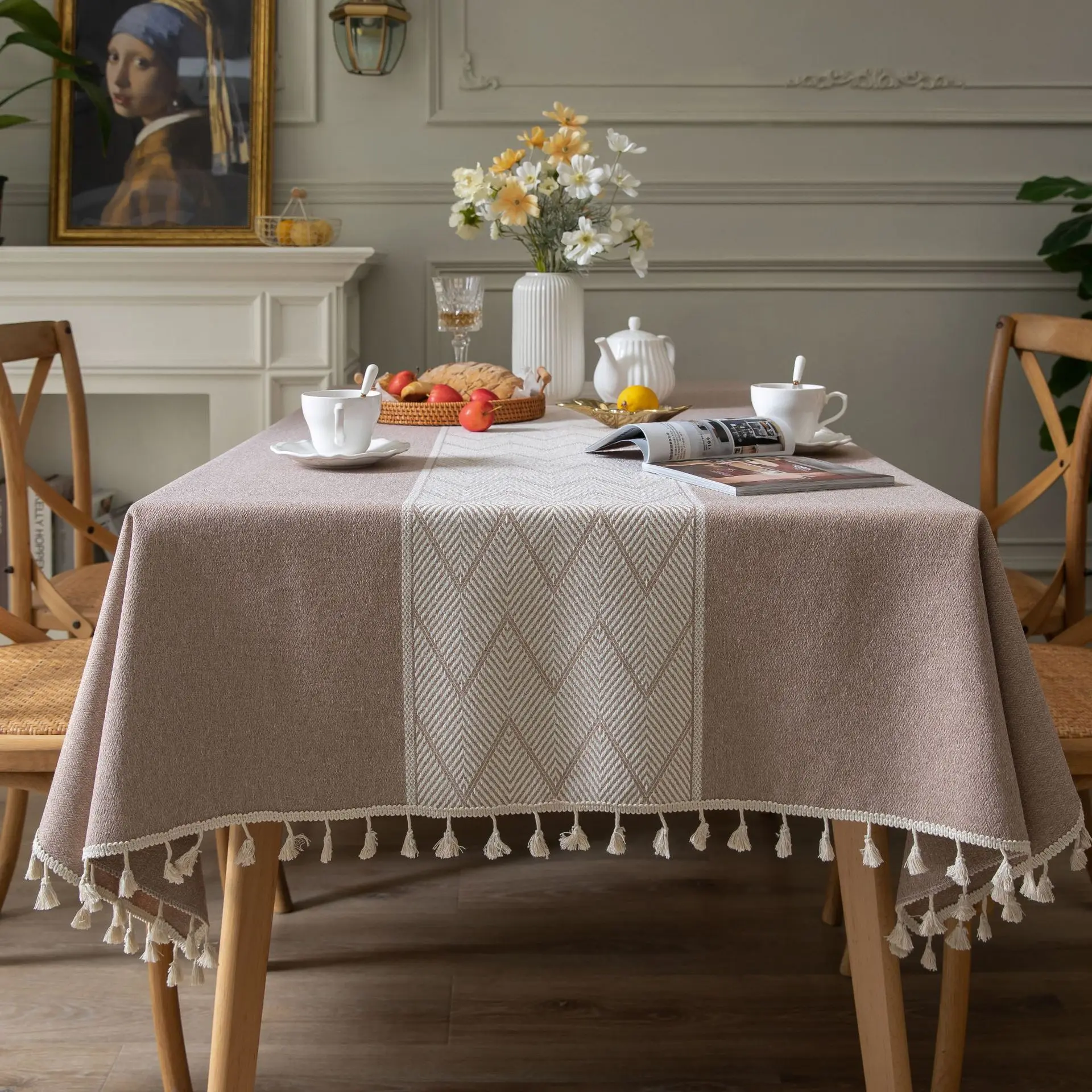 

Tablecloth Rectangular With Tassel Wave Design Jacquard Table Cover For Dining Party Christmas Home Decor Dustproof Mantel Mesa