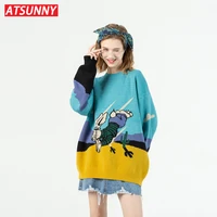 atsunny japanese hip hop style rabbit sweater pullover streetwear cartoon oversize casual couple sweaters 2021 autumn
