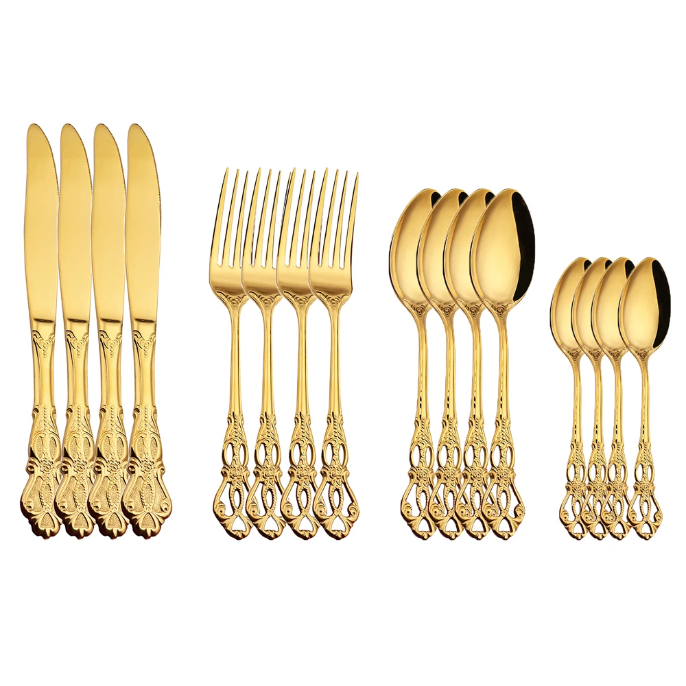 

Набор столовых приборов, комплект из 16 предметов золотого цвета, из нержавеющей стали, с ложкой и вилками