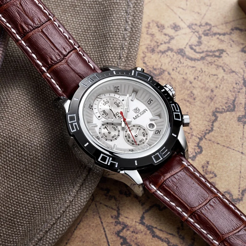 Часы наручные MEGIR Мужские кварцевые с хронографом модные светящиеся аналоговые