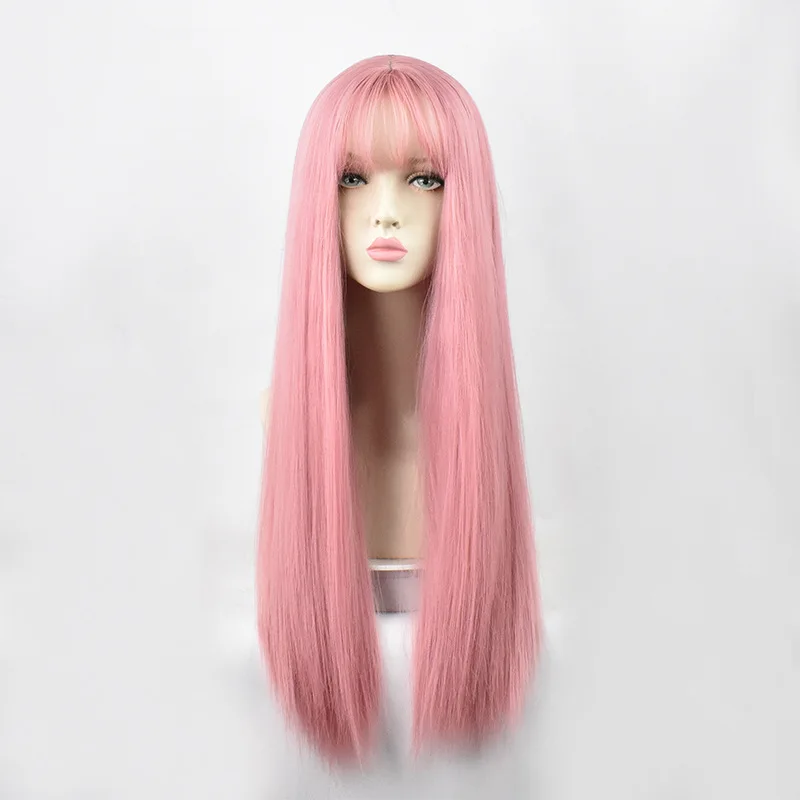 

GAKA Ladies Long Straight Synthetic Hair Pink Heat-Resistant Cosplay Wig With Bangs For Women