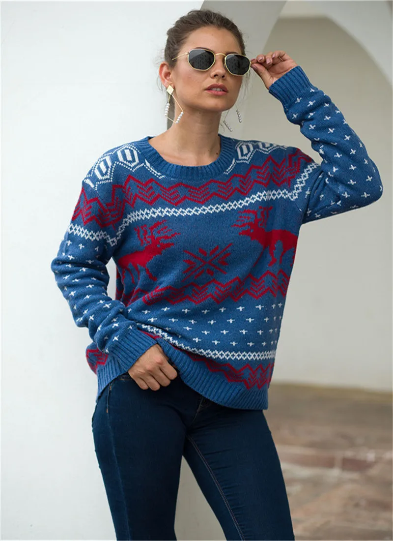 

Christmas Women Sweater Santa Claus Xmas Printing Long Sleeve O-neck Christmas Knitting Pullover Sweater Top Jumper Knitwear