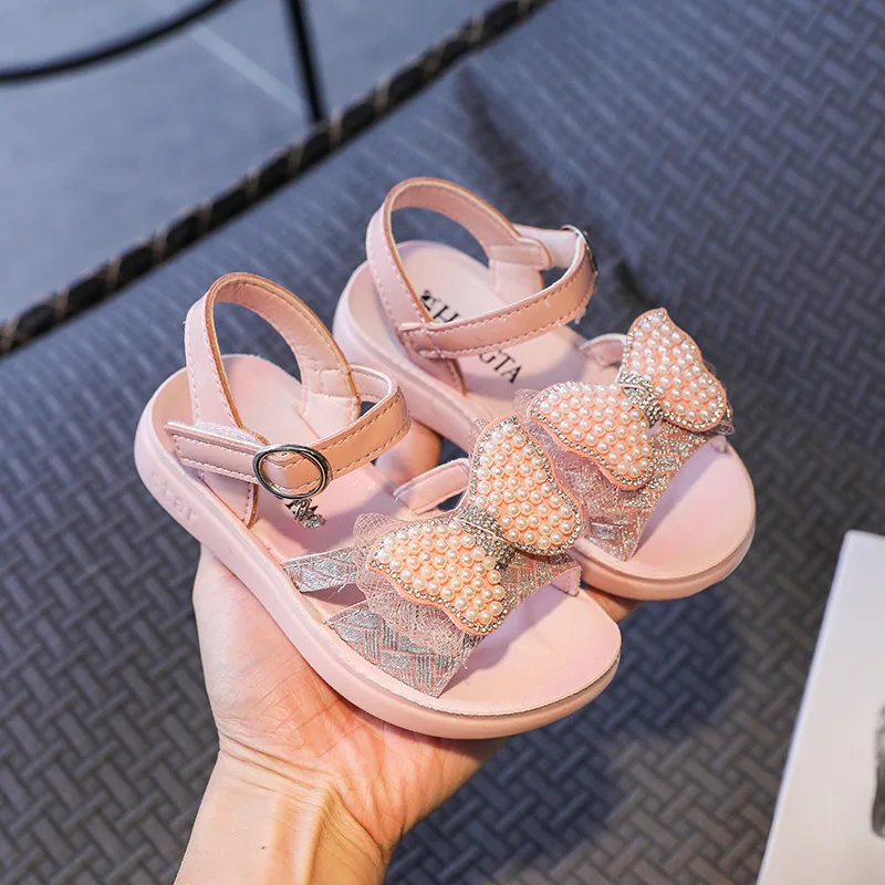 

2021 Kids Shoes for Girl Sandals Fashion Bow Pearl Little Girls Shoes Children Summer Flat Beach Sandals 3 5 6 8 9 10 11 12 Year