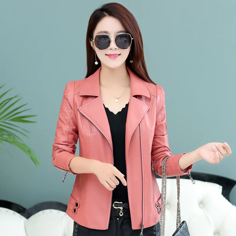 Женская Короткая кожаная куртка Корейская красная из искусственной кожи KJ592