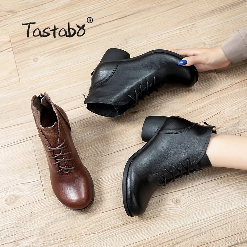 

Women Boots Genuine Leather Thick Heels Ankle Boots For Women ladies lace up Shoes Retro Warm Zipper Short Boot 8732