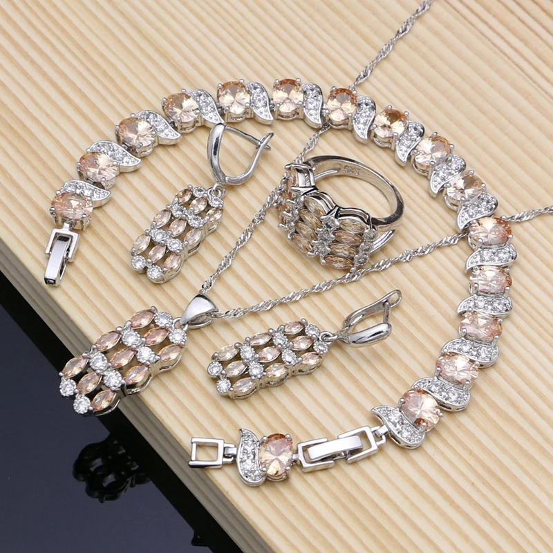 

Women GEM Gift Silver 925 Jewelry Set - Champagne Topaz White Crystal Jewellry Earring/Pendant/Necklace/Ring/Bracelet