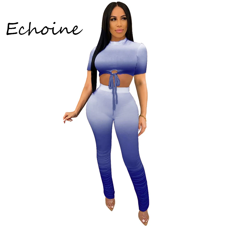 

Casual Women Two Piece Set Gradient Color Skinny crop top + long pants tracksuit women Summer clothes for women
