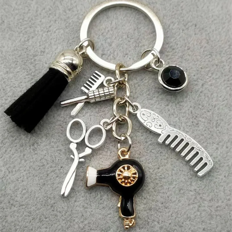 

New fashion hairstyle gift charm tassel keychain retro jewelry mini hairdressing scissors hair dryer comb keychain DIY manual