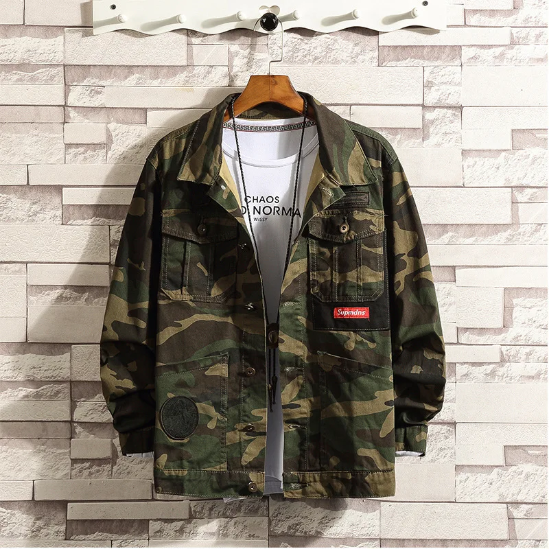 

Camouflage Loose Denim Jacket Men's Spring Autumn Windbreaker Cowboy Coat Individuality Epaulet Pattern Youth Slim Handsome Tops