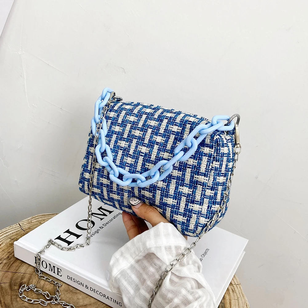 

Fashion Women Plaid Pattern Coarse Tofu Square Crossbody Shoulder Messenger Bag Casual Ladies Acrylic Chain Small Handbags