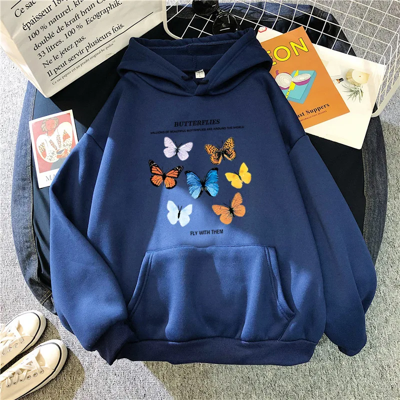 

Women Butterfly Print Hoodies Sweatshirt Casual Long Sleeve Sweatshirt Kawaii Clothes Loose Hooded Pullover Sweatshirt Tops