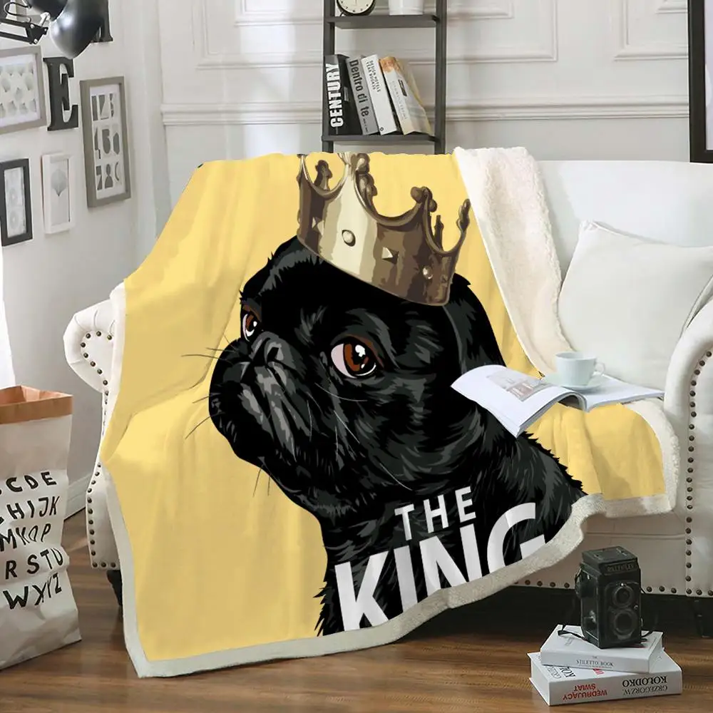 Черное одеяло для мопса шерпа Флисовое мультяшное домашнее животное меховое