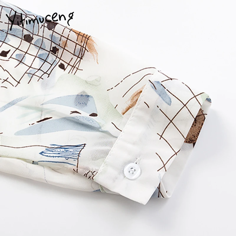 

Yitimuceng Printing Blouse Women Office Lady Vintage Long Sleeve Shirts Turn-Down Collar Clothing Korean Fashion Button Up Top