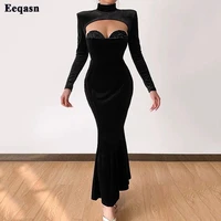eeqasn black long sleeves velvet formal prom dresses mermaid saudi arabric women evening gowns high neck lace party dress