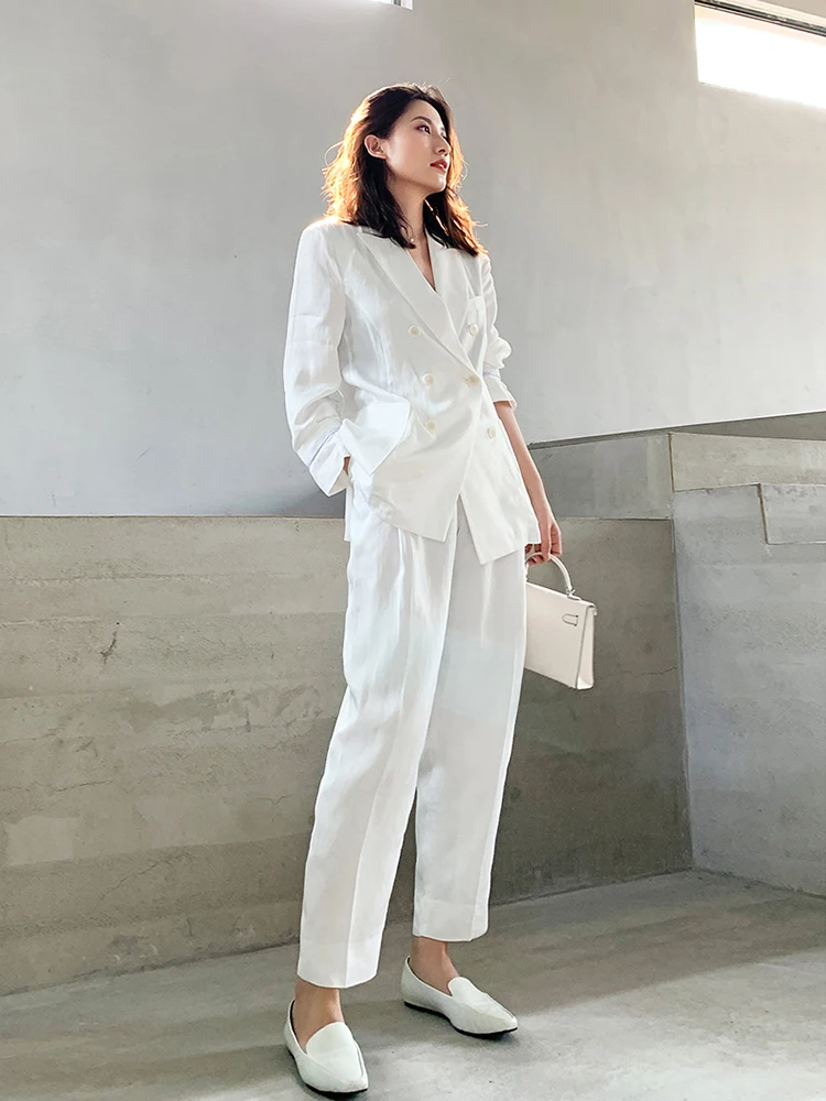 

Women's Blazer Suit Solid White Pant Ladies Casual Blazer and Ankle Pants Femme High Street Wear