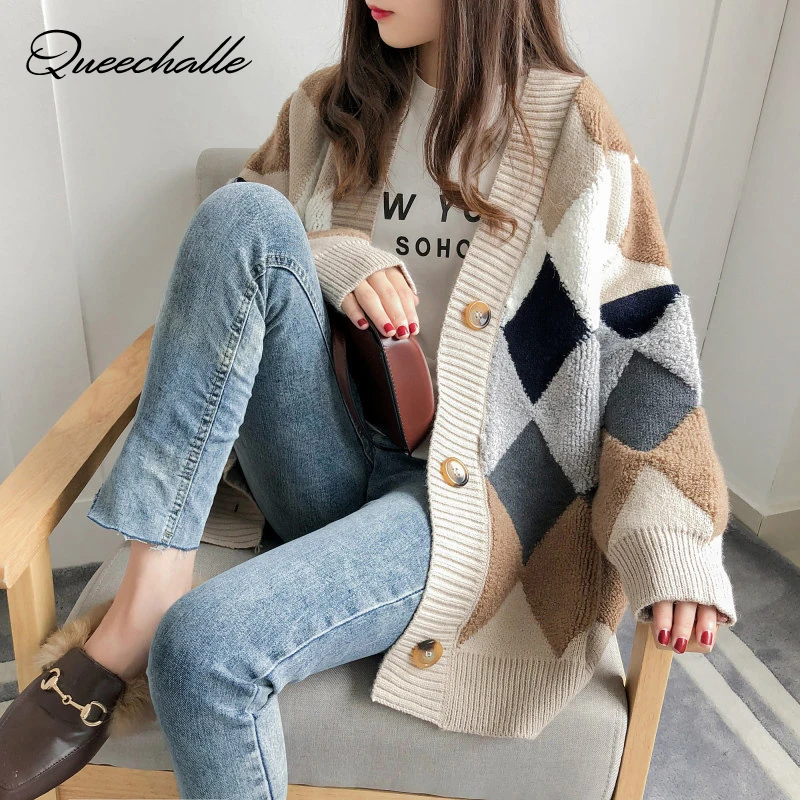 

Oversized Knitted Cardigan for Women 2021 Korean Fashion Argyle Plaid Thicken V-Neck Casual Sweater Female Knit Jacket Outerwear