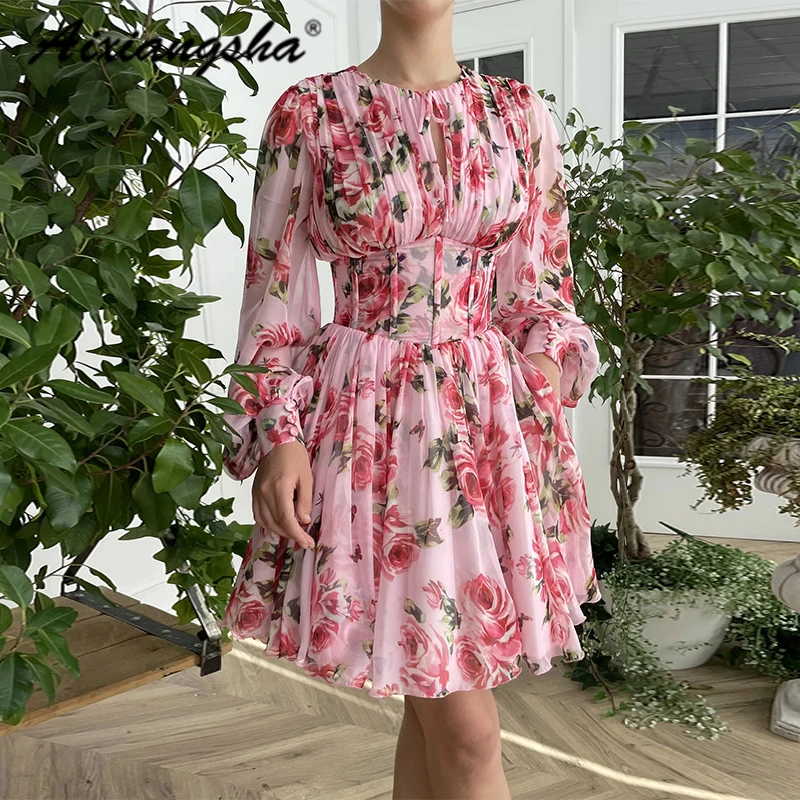 

Aixiangsha Rose Floral Print Evening Dresses O Neck Bow Puffy Full Sleeve French Style Graduation Gowns Fairy