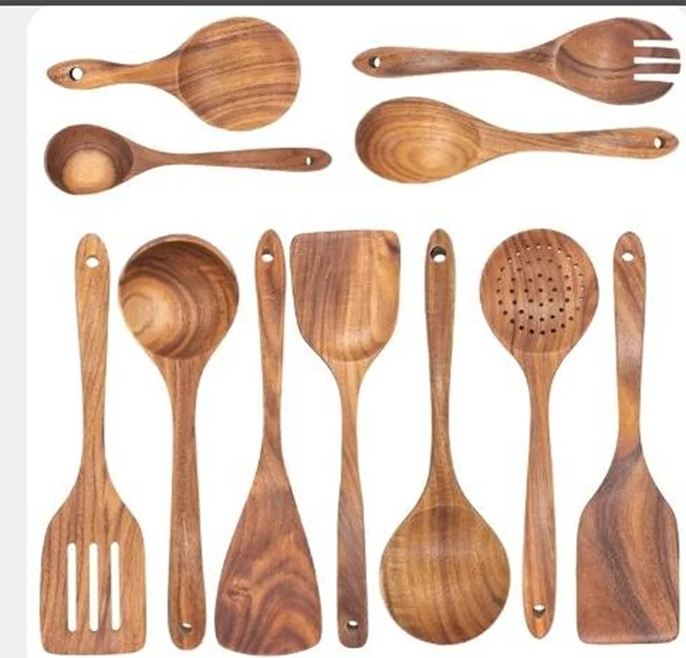 

1-11pcs/set Teak natural wood tableware spoon colander spoon special nano soup skimmer cooking spoon wooden kitchen tool kit