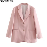 xnwmnz vintage women elegant pink blazer 2021 new fashion office lady nothced collar suits jackets streetwear female chic tops